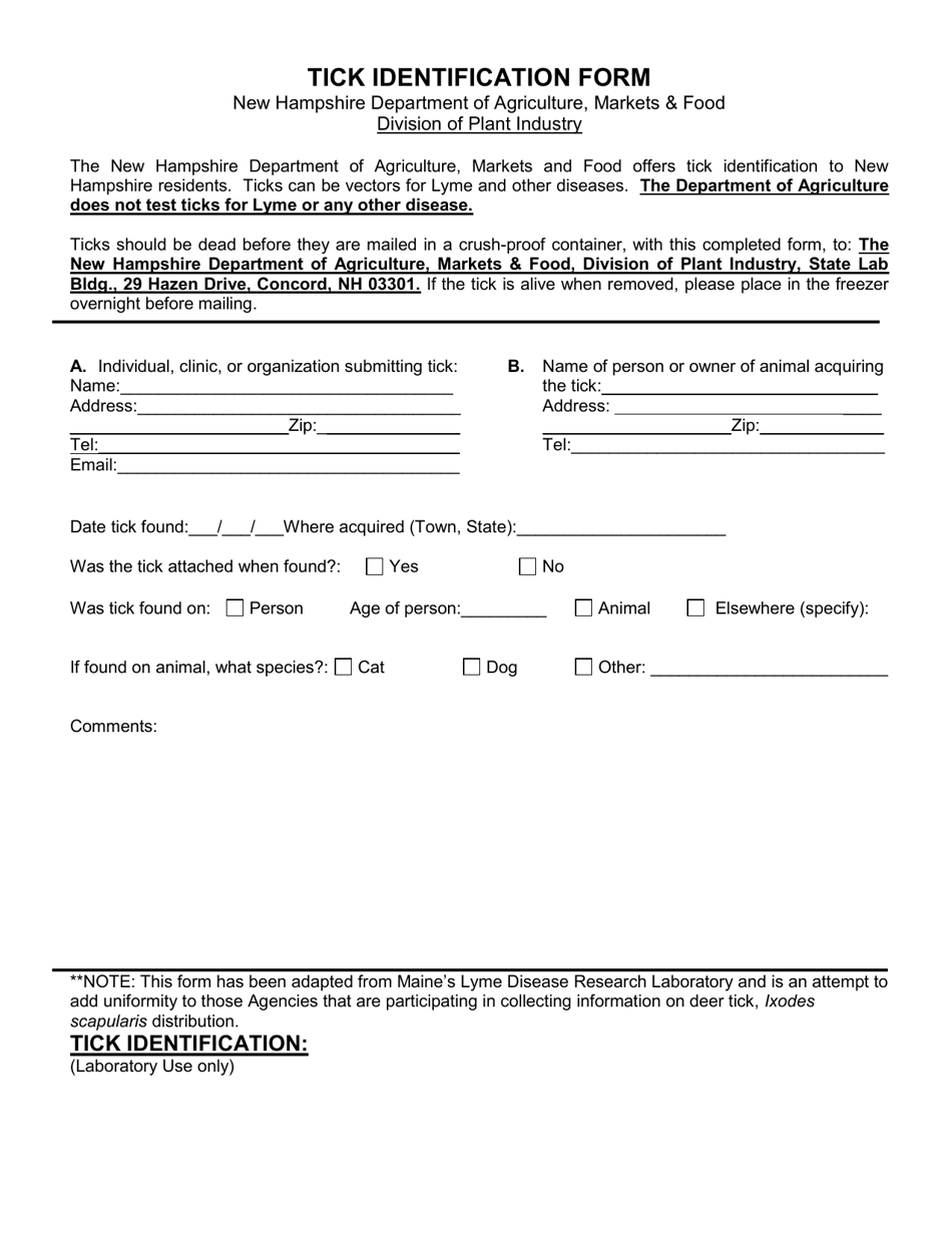 Tick Identification Form - New Hampshire, Page 1