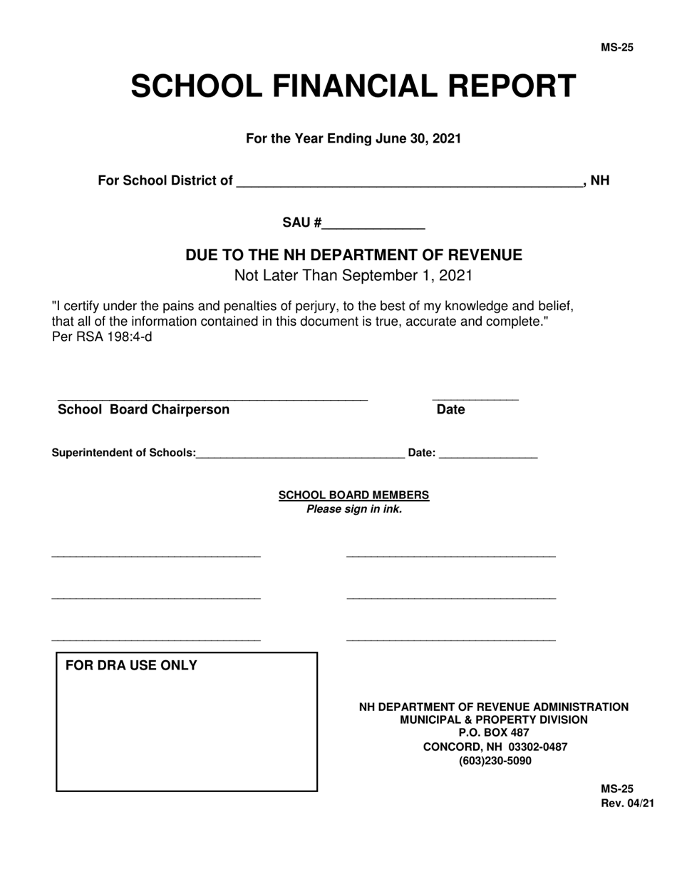 Form MS-25 School Financial Report - New Hampshire, Page 1