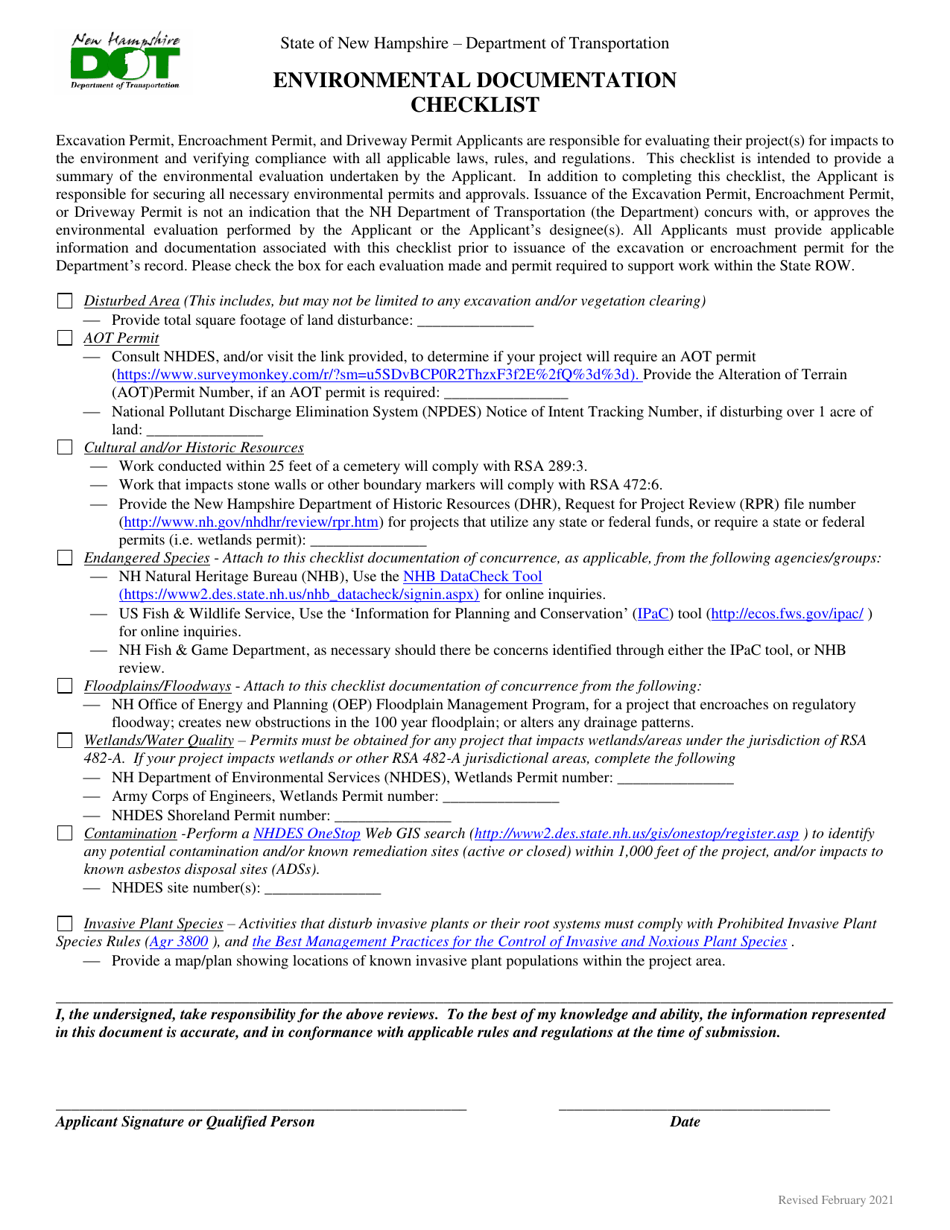 Environmental Documentation Checklist - New Hampshire, Page 1