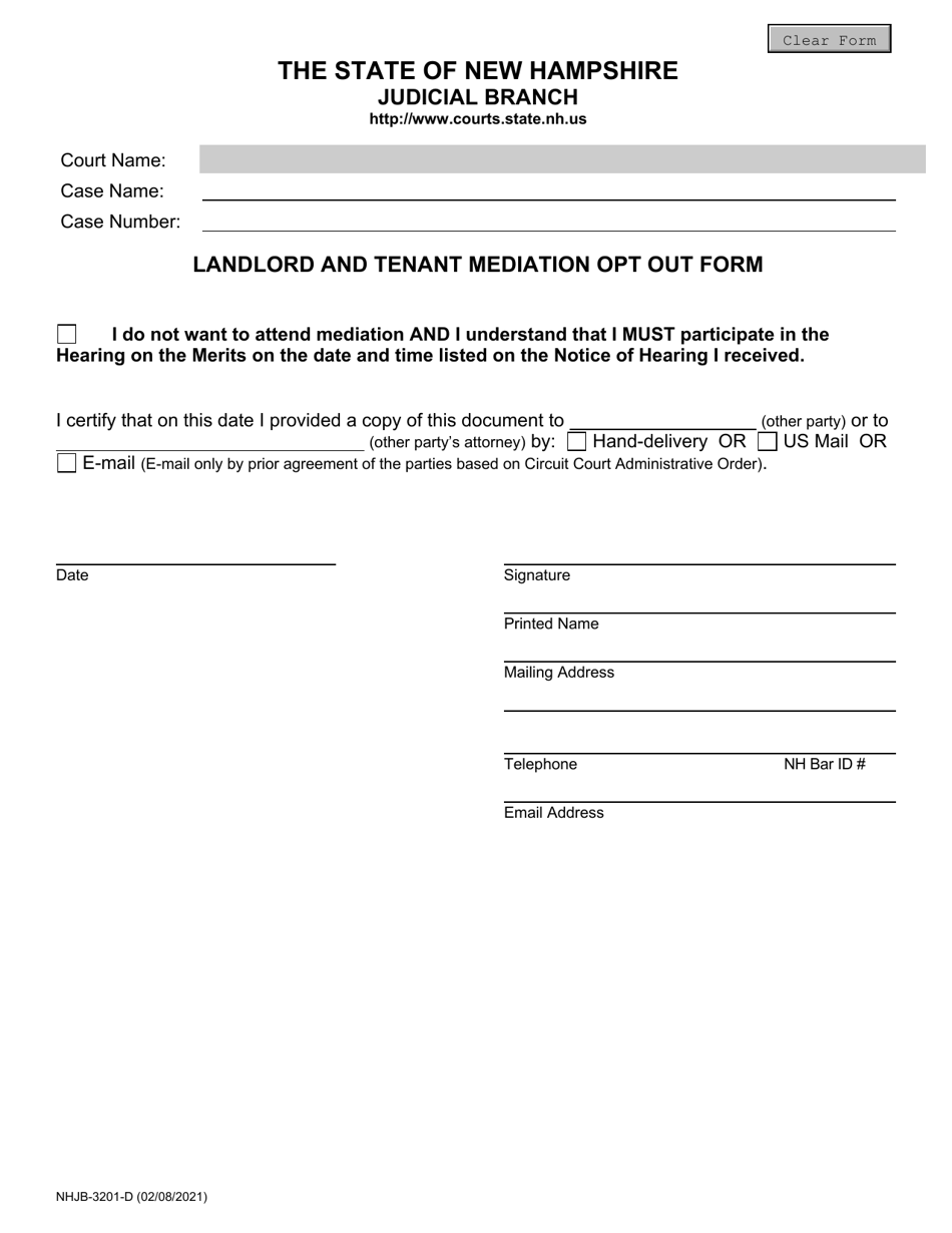 Form NHJB-3201-D Landlord and Tenant Mediation Opt out Form - New Hampshire, Page 1