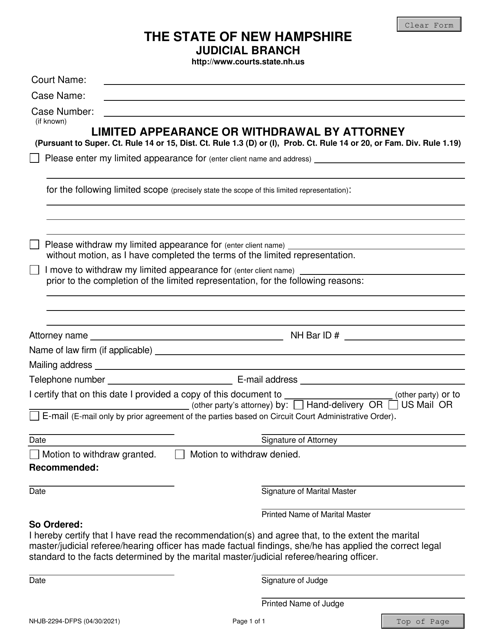 Form NHJB-2294-DFPS Limited Appearance or Withdrawal by Attorney - New Hampshire