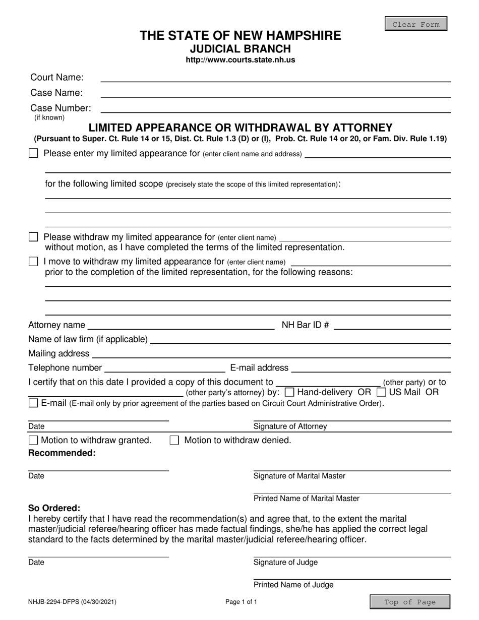 Form NHJB-2294-DFPS Limited Appearance or Withdrawal by Attorney - New Hampshire, Page 1