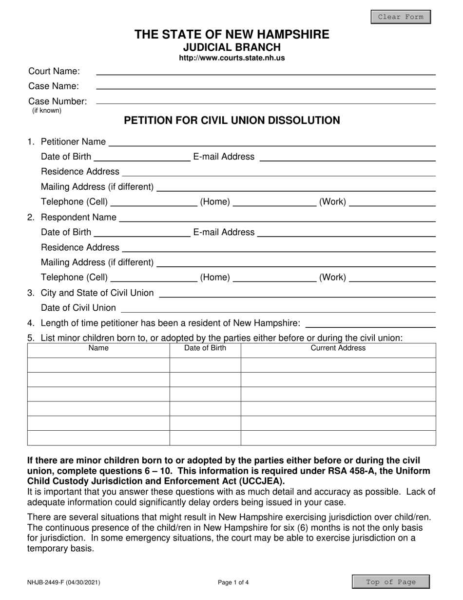 Form NHJB-2449-F Petition for Civil Union Dissolution - New Hampshire, Page 1