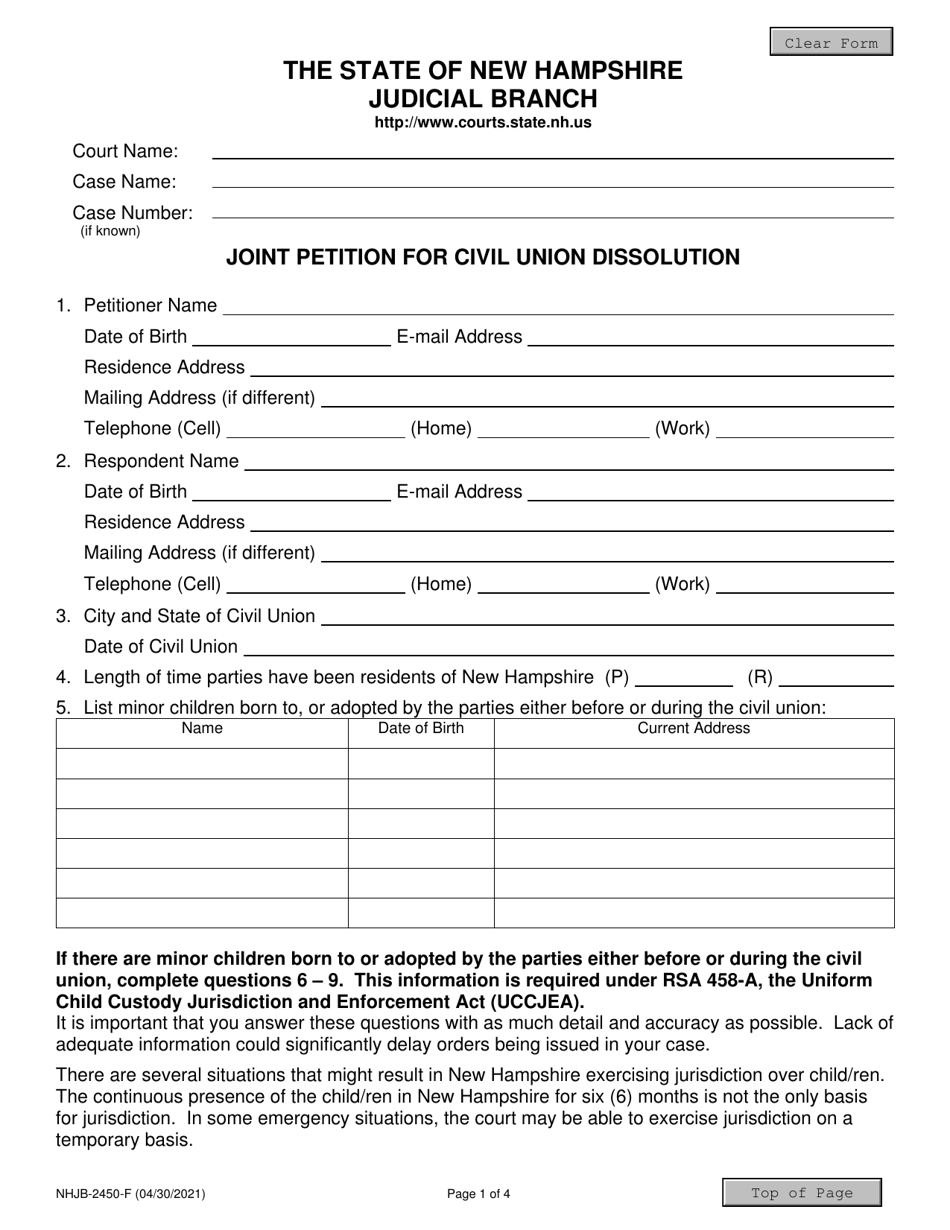 Form NHJB-2450-F Joint Petition for Civil Union Dissolution - New Hampshire, Page 1