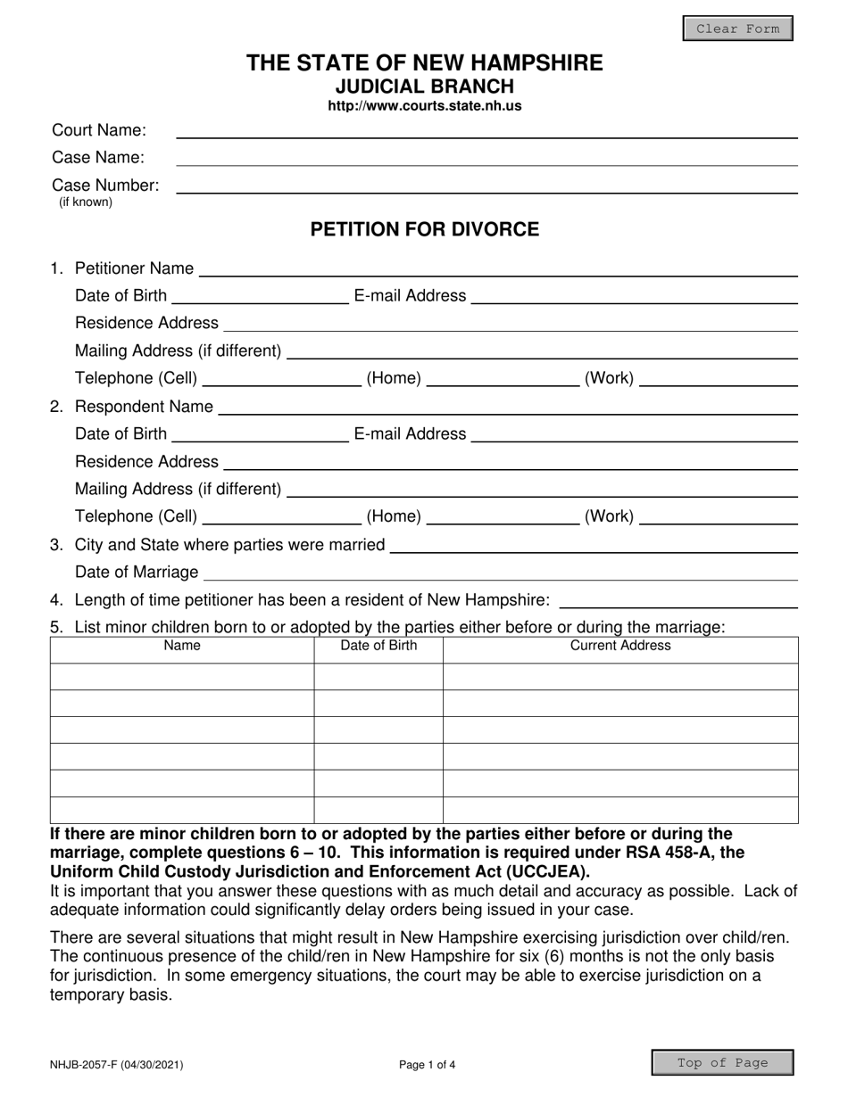 Form NHJB-2057-F Petition for Divorce - New Hampshire, Page 1