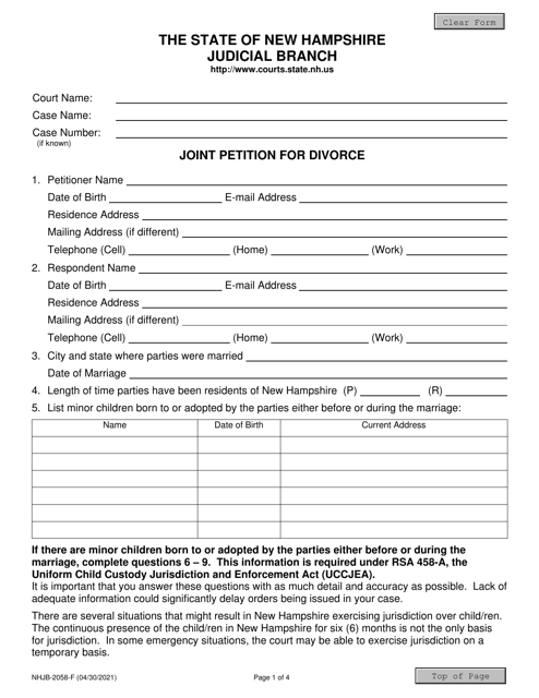 Form NHJB-2058-F Joint Petition for Divorce - New Hampshire