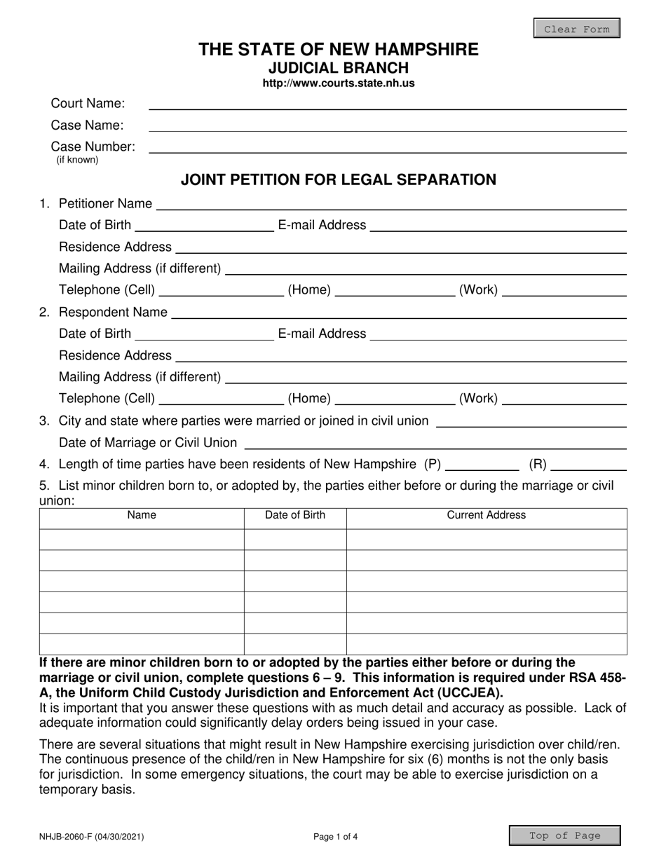 Form NHJB-2060-F Joint Petition for Legal Separation - New Hampshire, Page 1