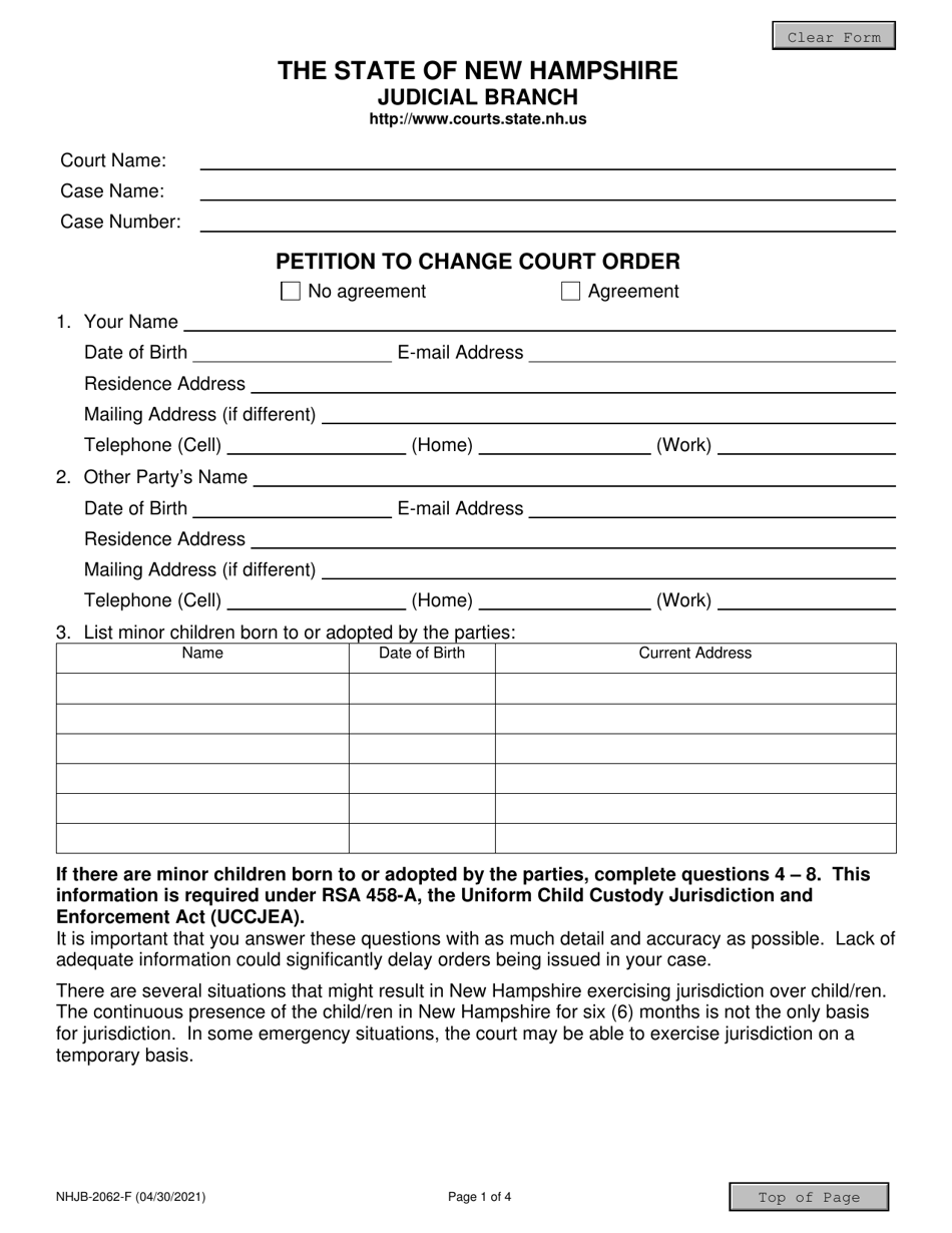 Form NHJB-2062-F Petition to Change Court Order - New Hampshire, Page 1