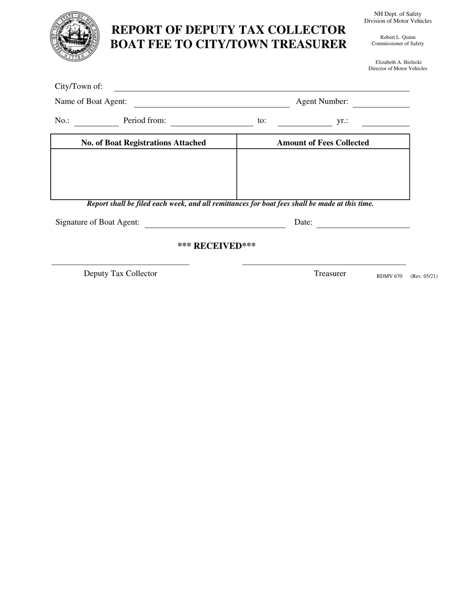 Form RDMV670 Report of Deputy Tax Collector Boat Fee to City / Town Treasurer - New Hampshire, Page 1