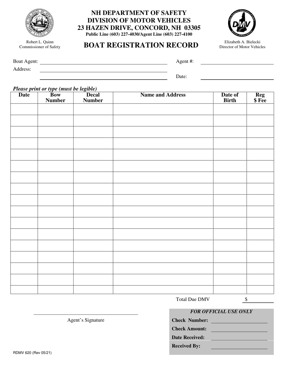 Form RDMV620 Boat Registration Record - New Hampshire, Page 1