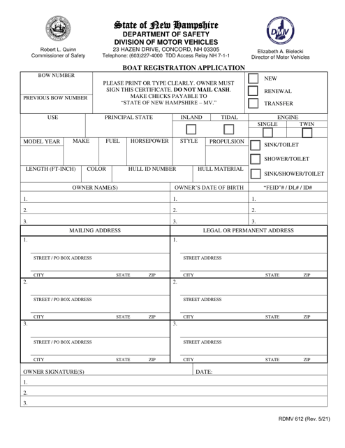Form RDMV612 Boat Registration Application - New Hampshire