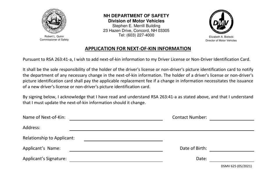 Form DSMV625 Application for Next-Of-Kin Information - New Hampshire, Page 1