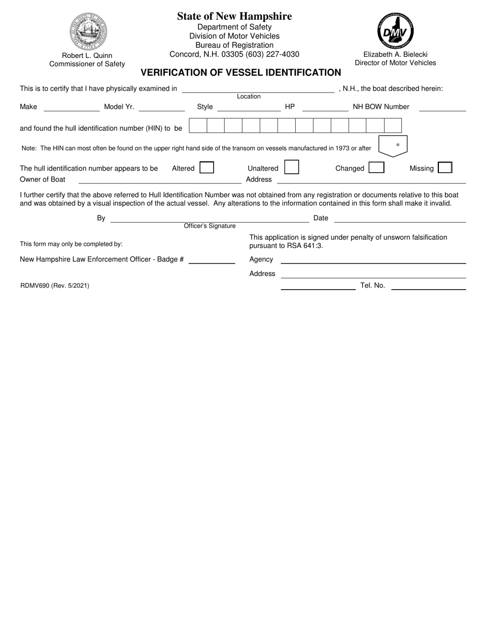 Form RDMV690 Verification of Vessel Identification - New Hampshire, Page 1