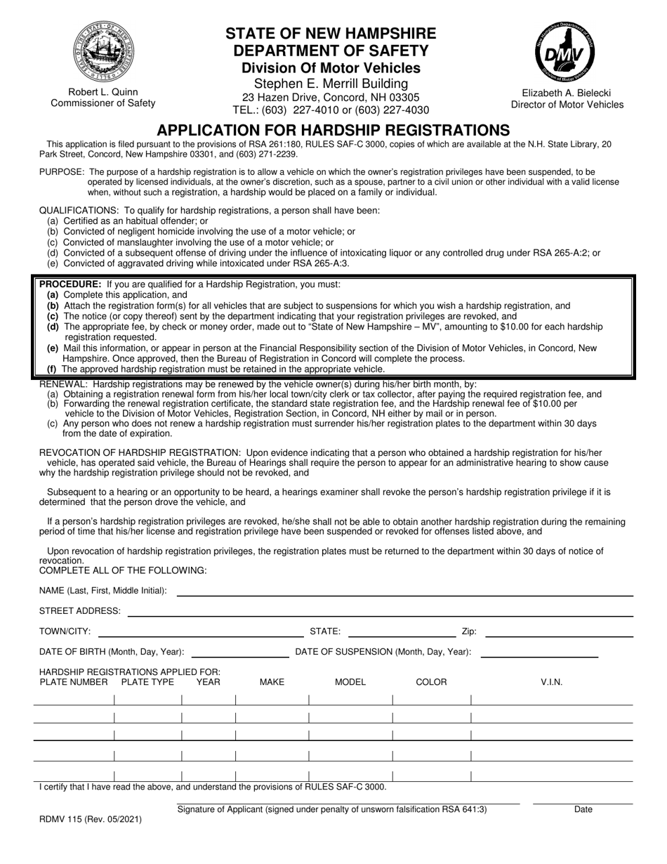 Form RDMV115 Application for Hardship Registrations - New Hampshire, Page 1