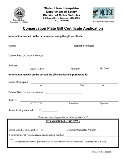 Form RDMV135 Conservation Plate Gift Certificate Application - New Hampshire