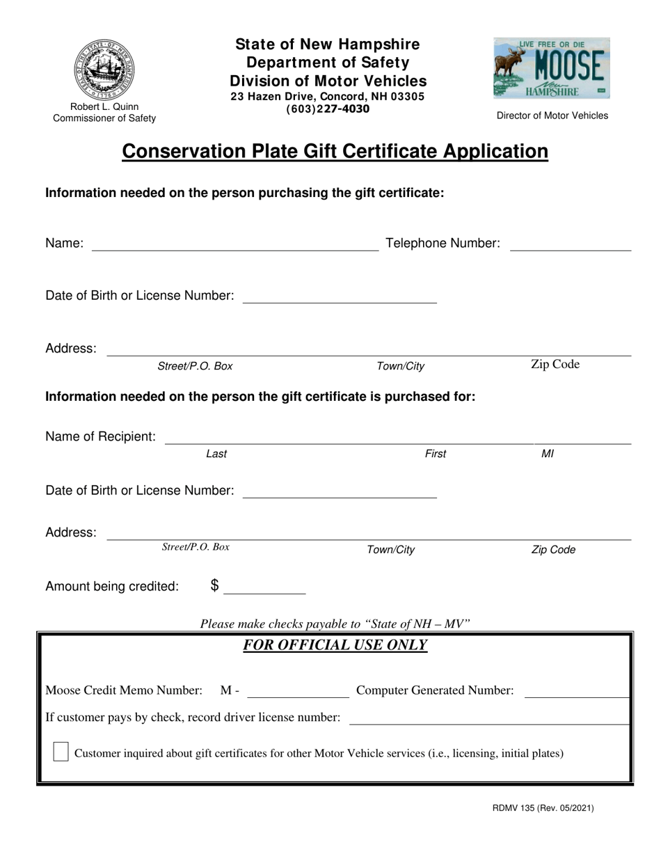 Form RDMV135 Conservation Plate Gift Certificate Application - New Hampshire, Page 1