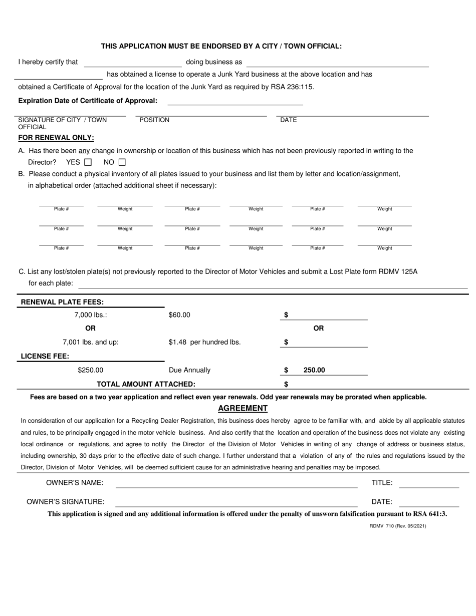 Form RDMV710 Application for Automotive Recycling Dealer Registration - New Hampshire, Page 4