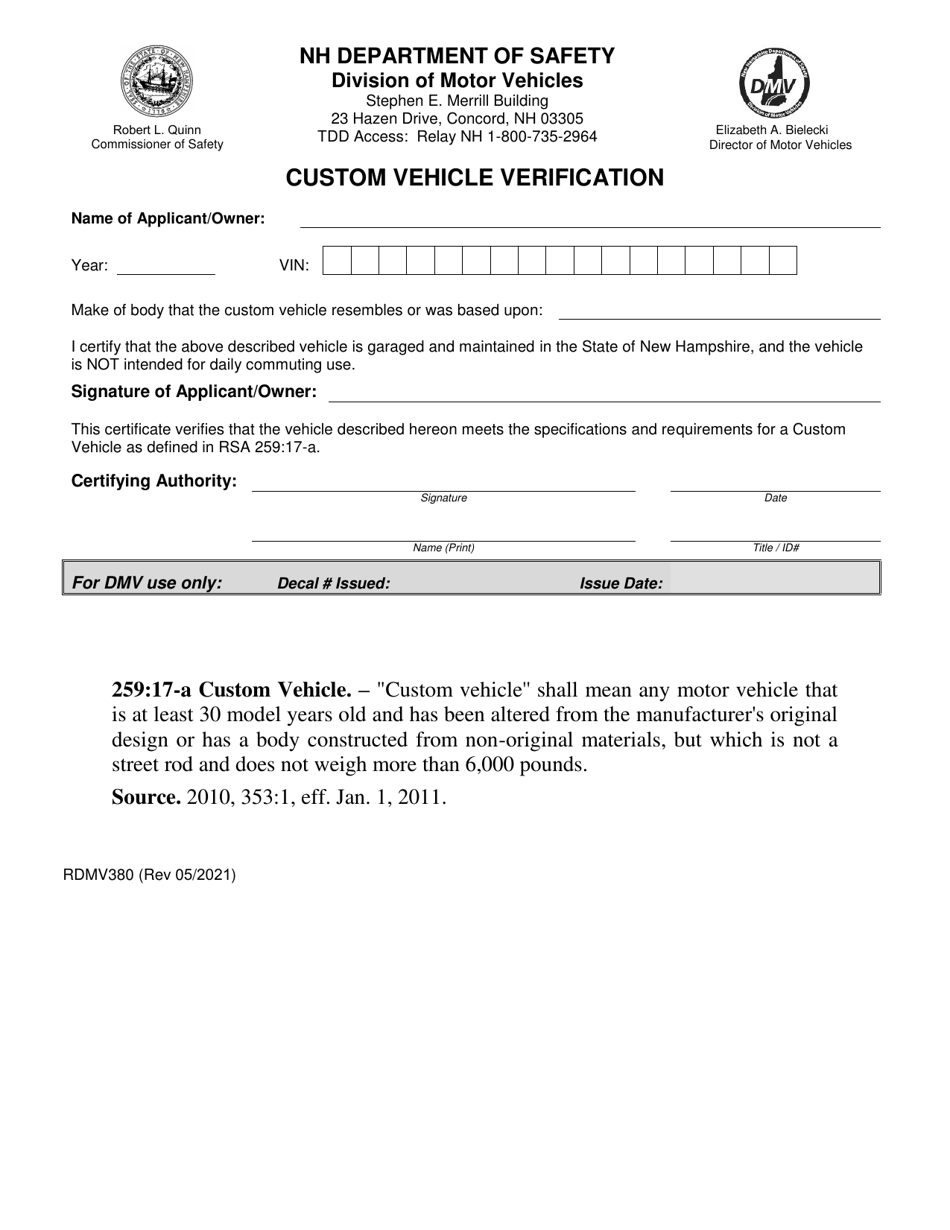 Form RDMV380 Custom Vehicle Verification - New Hampshire, Page 1