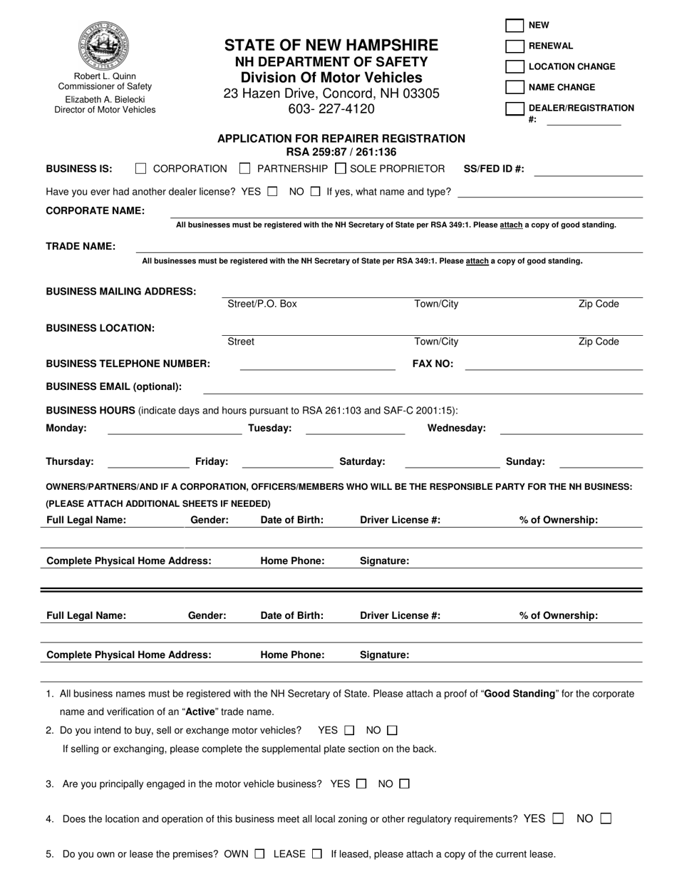 Form RDMV720 Application for Repairer Registration - New Hampshire, Page 3