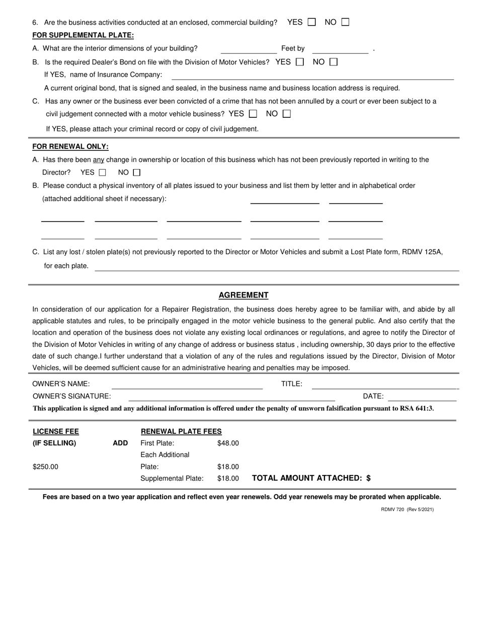 Form RDMV720 Application for Repairer Registration - New Hampshire, Page 4