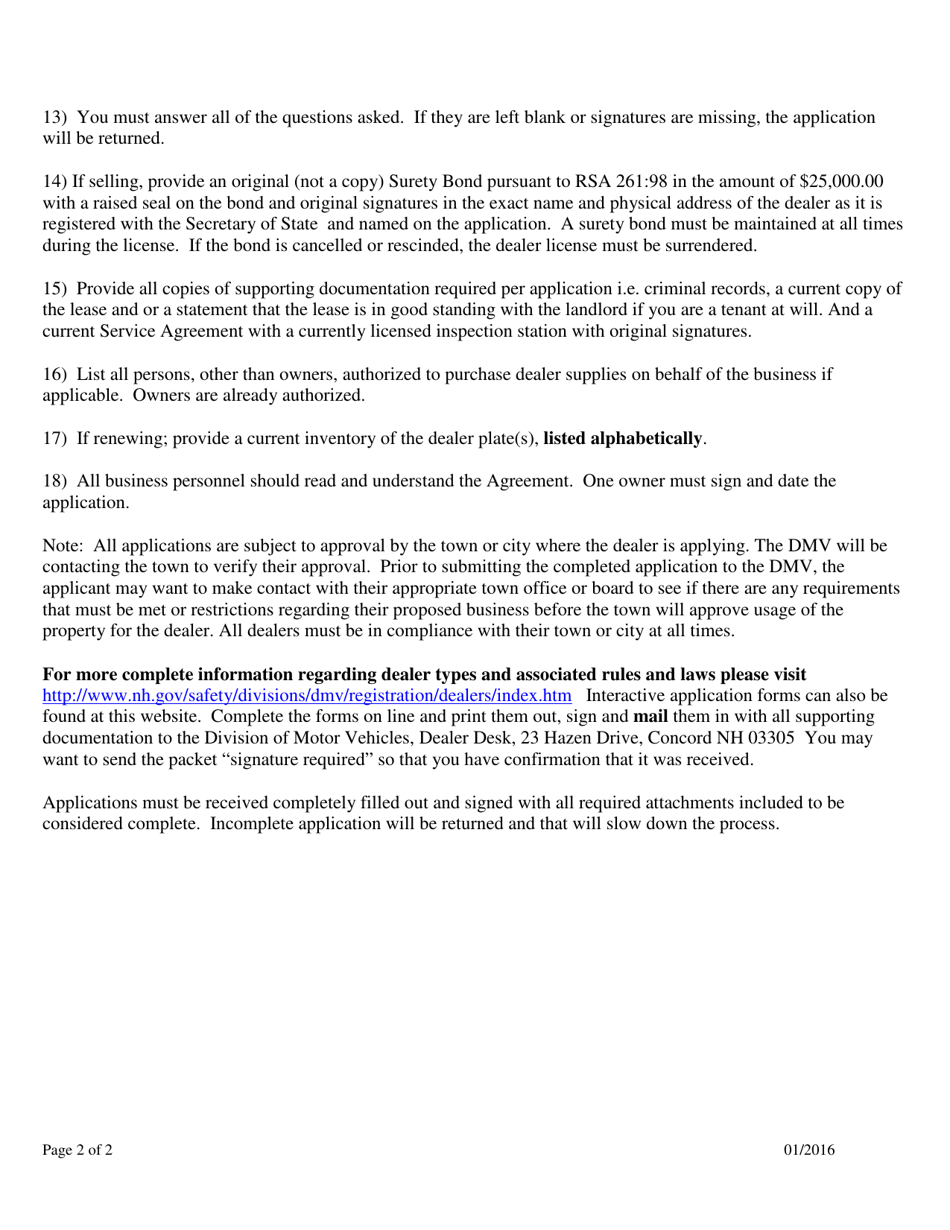 Form RDMV735 Application for Retail Dealer License and Registration - New Hampshire, Page 2