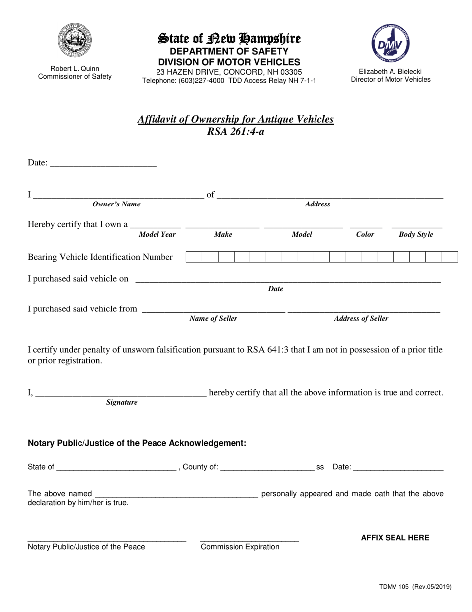 Form TDMV105 Affidavit of Ownership for Antique Vehicles - New Hampshire, Page 1