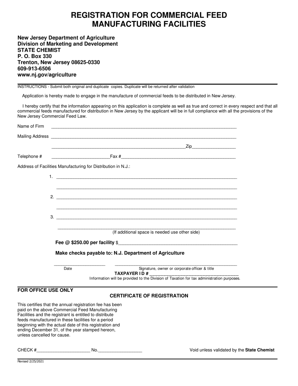 Registration for Commercial Feed Manufacturing Facilities - New Jersey, Page 1