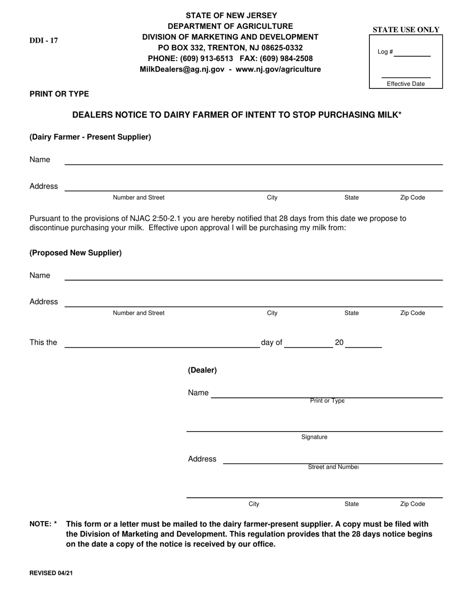 Form DDI-17 Dealers Notice to Dairy Farmer of Intent to Stop Purchasing Milk - New Jersey, Page 1