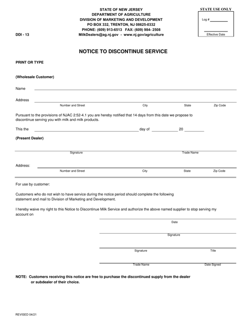 Form DDI-13 Notice to Discontinue Service - New Jersey