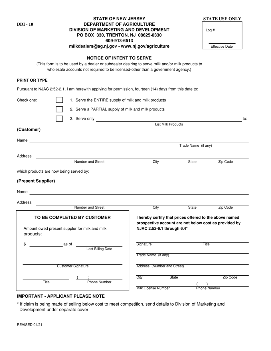 Form DDI-10 Notice of Intent to Serve - New Jersey, Page 1