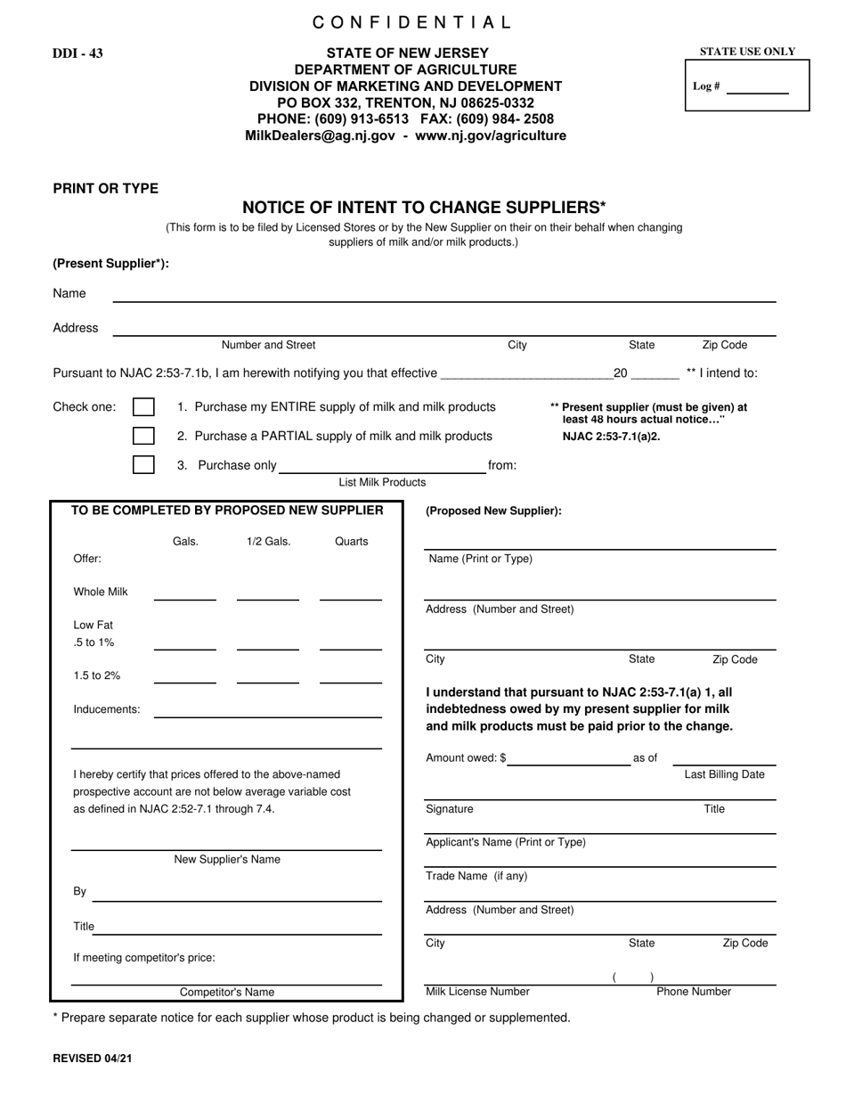 Form DDI-43 Notice of Intent to Change Suppliers - New Jersey, Page 1