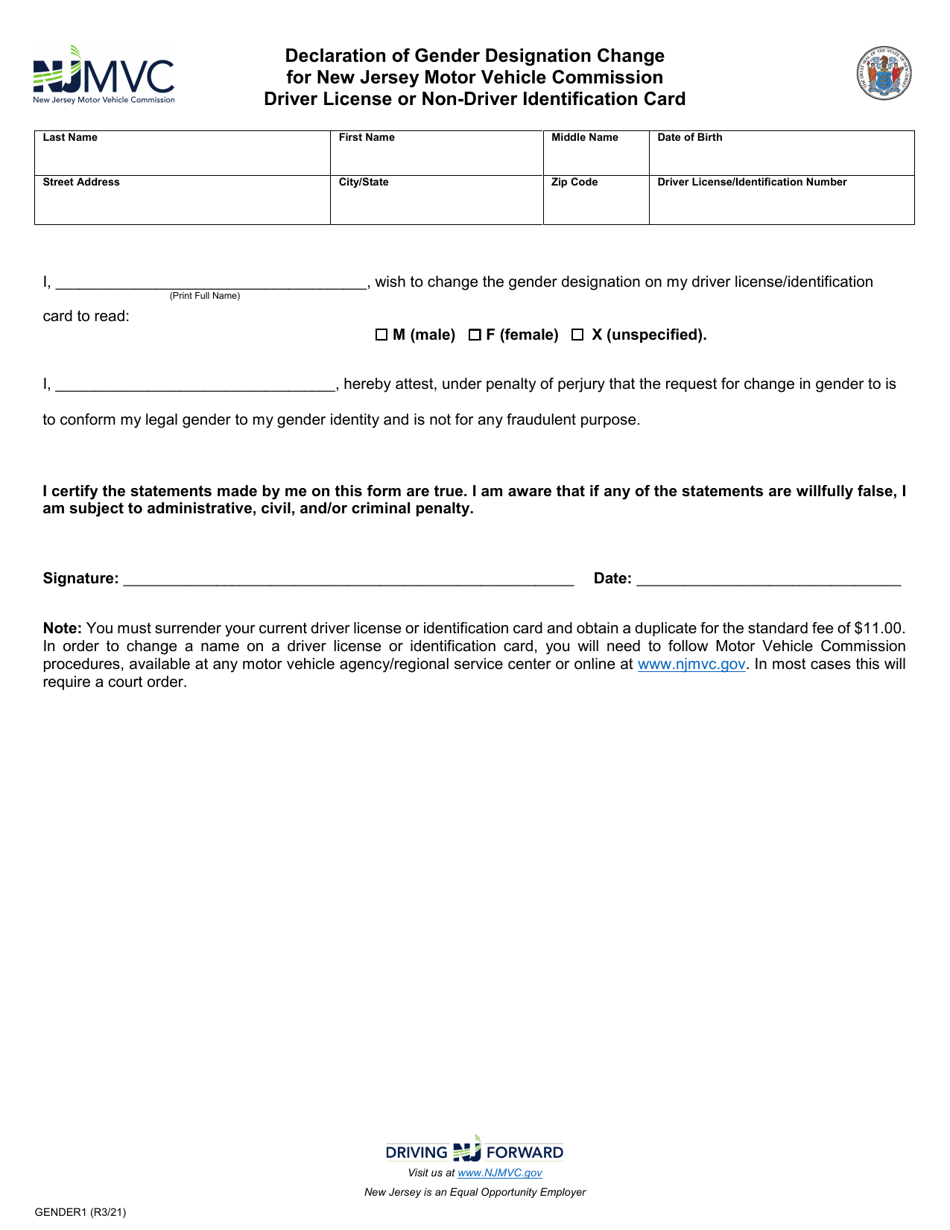 Form GENDER1 Download Fillable PDF or Fill Online Declaration of Gender