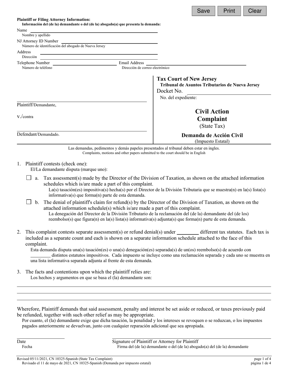 Form 10325 Civil Action Complaint (State Tax) - New Jersey (English / Spanish), Page 1
