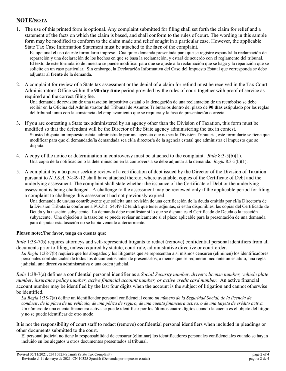 Form 10325 Civil Action Complaint (State Tax) - New Jersey (English / Spanish), Page 2