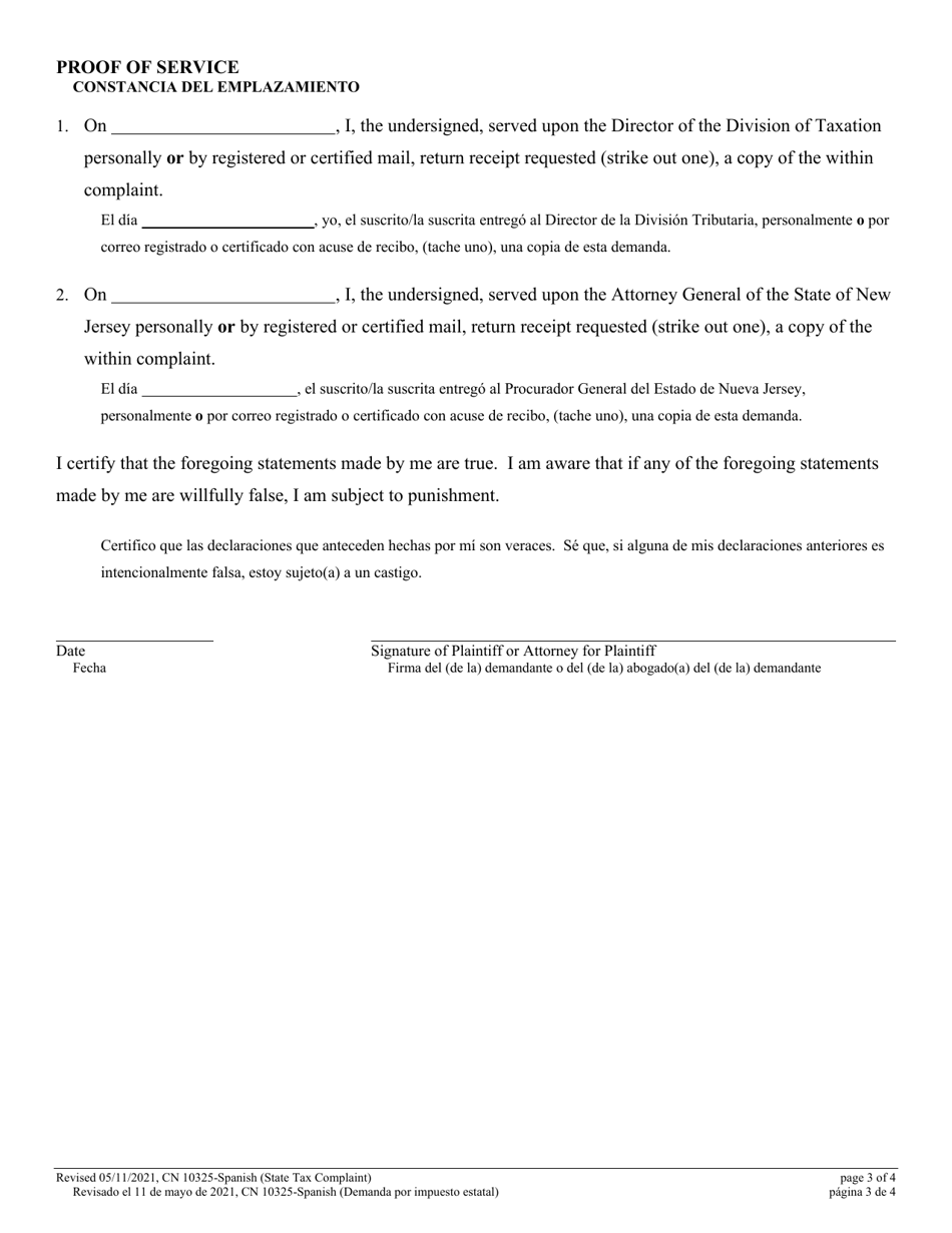 Form 10325 Civil Action Complaint (State Tax) - New Jersey (English / Spanish), Page 3