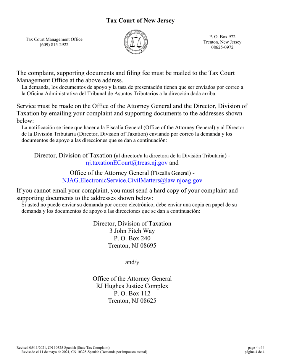 Form 10325 Civil Action Complaint (State Tax) - New Jersey (English / Spanish), Page 4