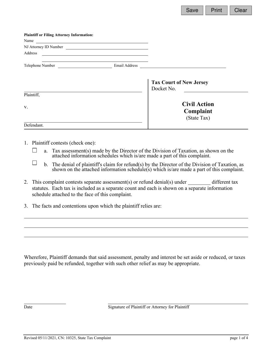 Form 10325 Civil Action Complaint (State Tax) - New Jersey, Page 1