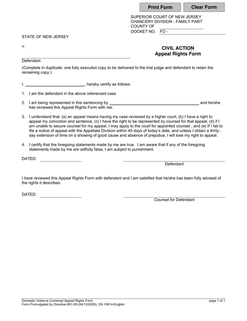 Form 10814 Appeal Rights Form - Domestic Violence - New Jersey