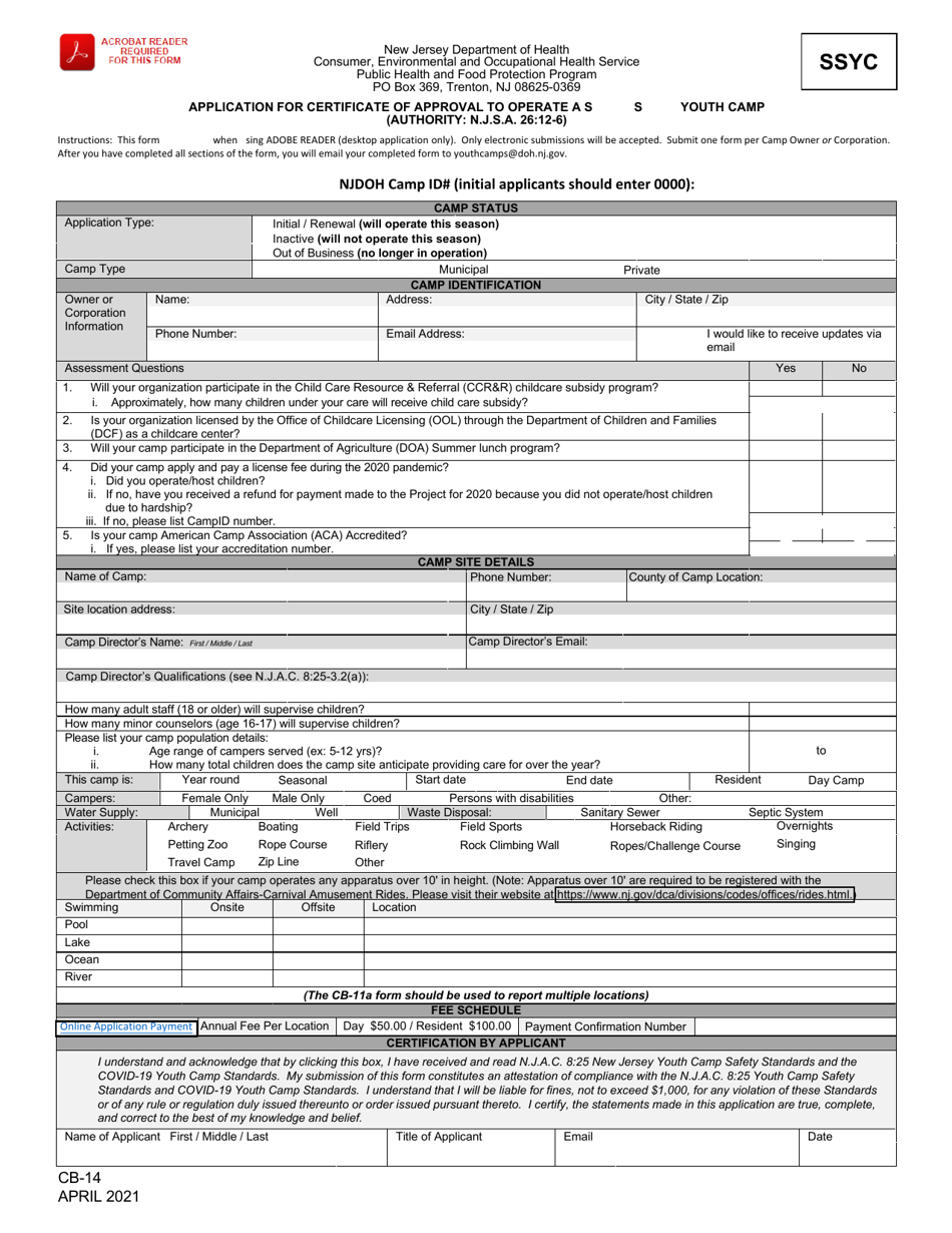 Form CB-14 Application for Certificate of Approval to Operate a Single Sport Youth Camp - New Jersey, Page 1