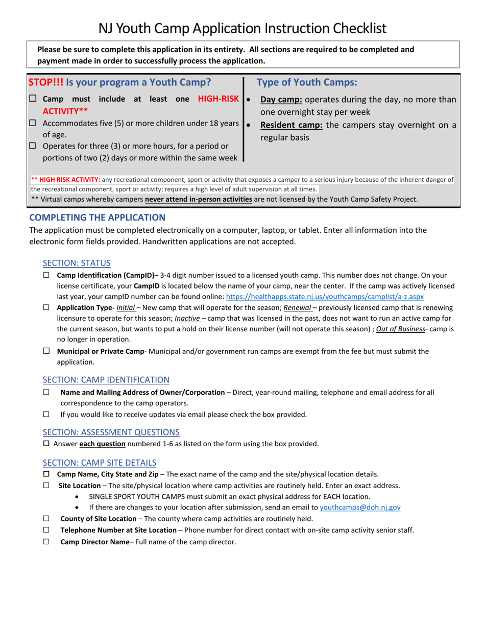 Form CB-11 Application for Certificate of Approval to Operate a Youth Camp - New Jersey, Page 2