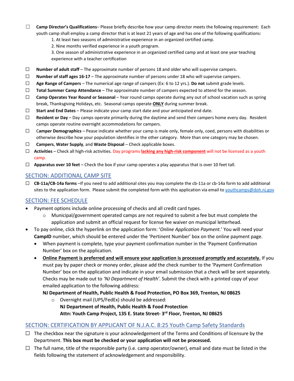 Form CB-11 Application for Certificate of Approval to Operate a Youth Camp - New Jersey, Page 3