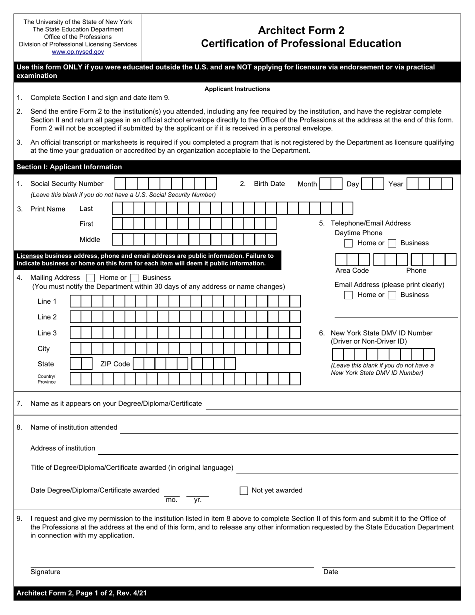 Architect Form 2 Download Fillable PDF or Fill Online Certification of ...