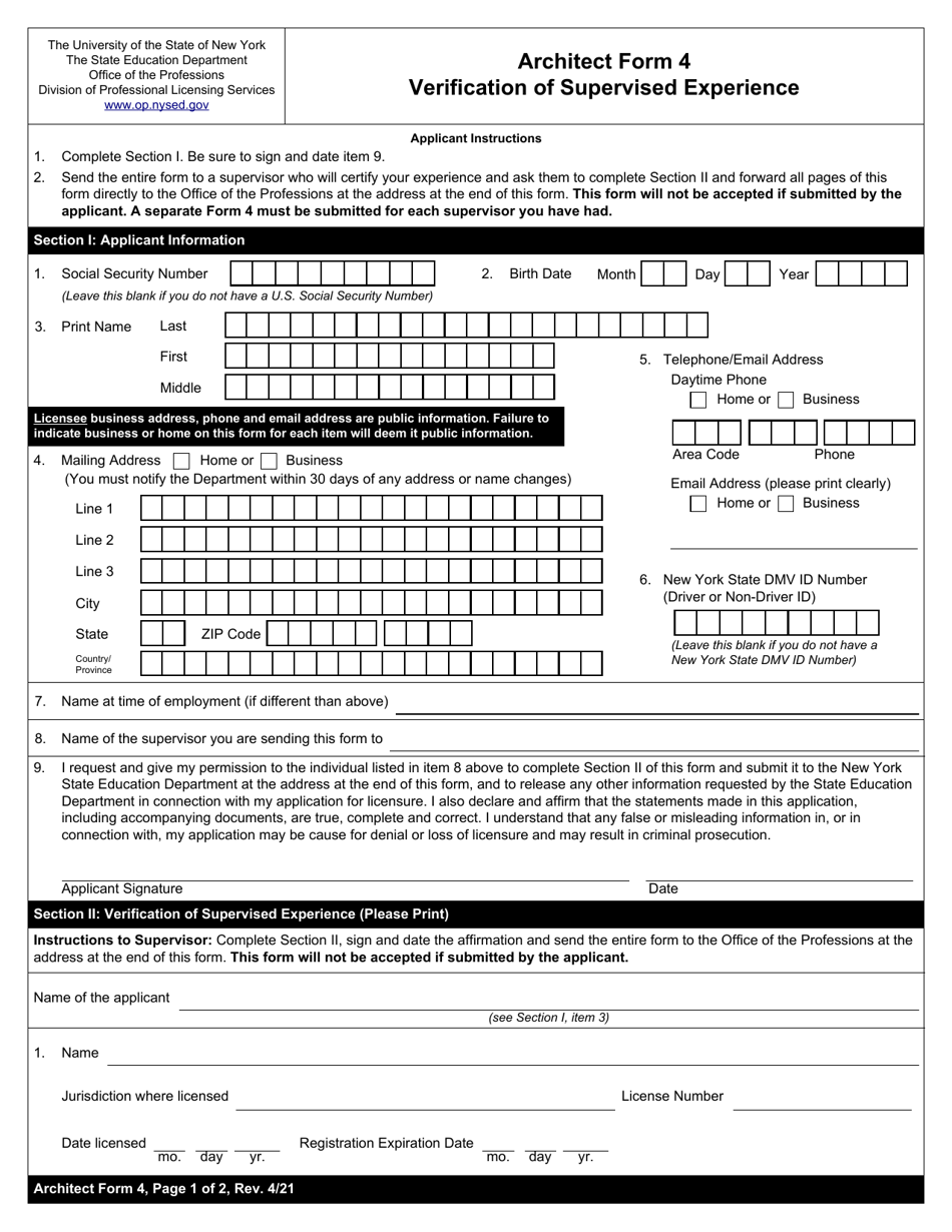 Architect Form 4 Verification of Supervised Experience - New York, Page 1