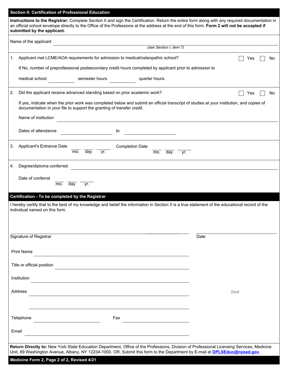 Medicine Form 2 Certification of Professional and Preprofessional Education - New York, Page 2
