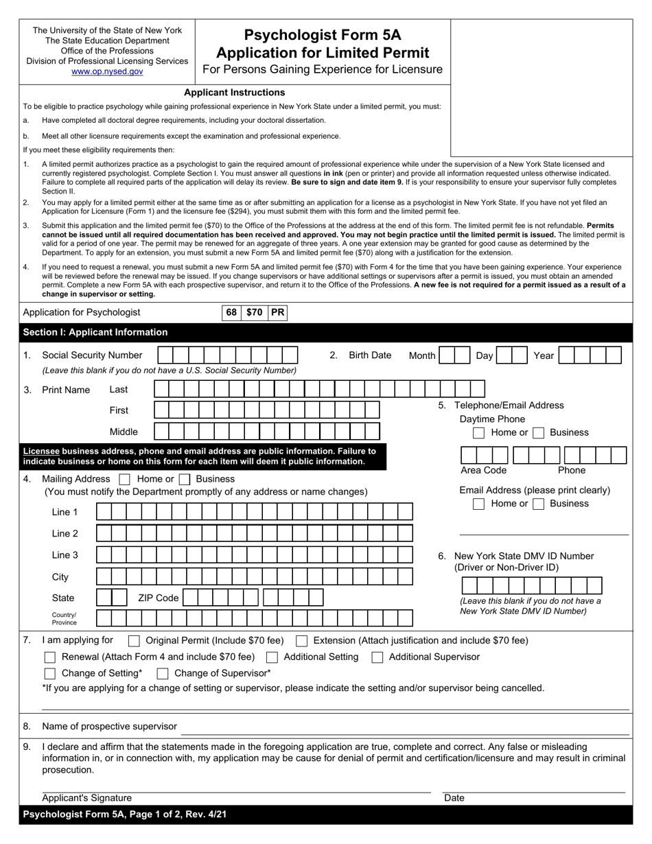Psychologist Form 5A Application for Limited Permit for Persons Gaining Experience for Licensure - New York, Page 1