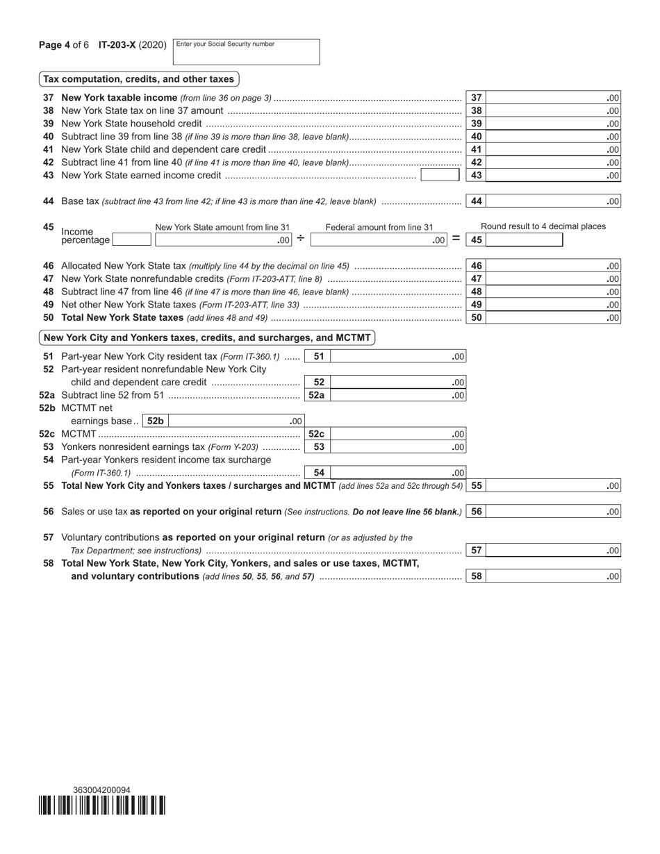 Form IT-203-X Amended Nonresident and Part-Year Resident Income Tax Return - New York, Page 4
