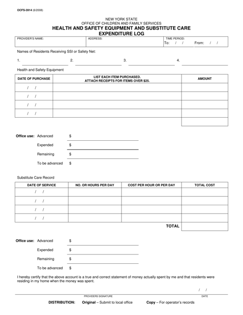 Form OCFS-3914 Health and Safety Equipment and Substitute Care Expenditure Log - New York