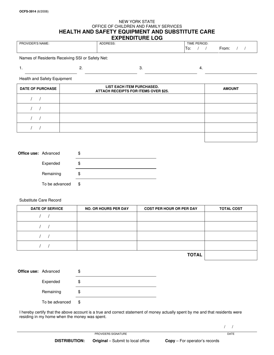 Form OCFS-3914 Health and Safety Equipment and Substitute Care Expenditure Log - New York, Page 1