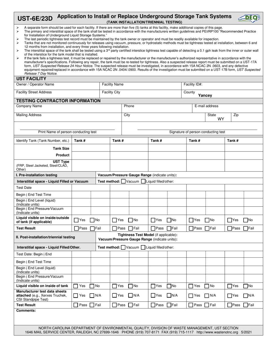 Form UST-6E (UST-23D) Application to Install or Replace Underground Storage Tank Systems (Tank Installation / Triennial Testing) - North Carolina, Page 1