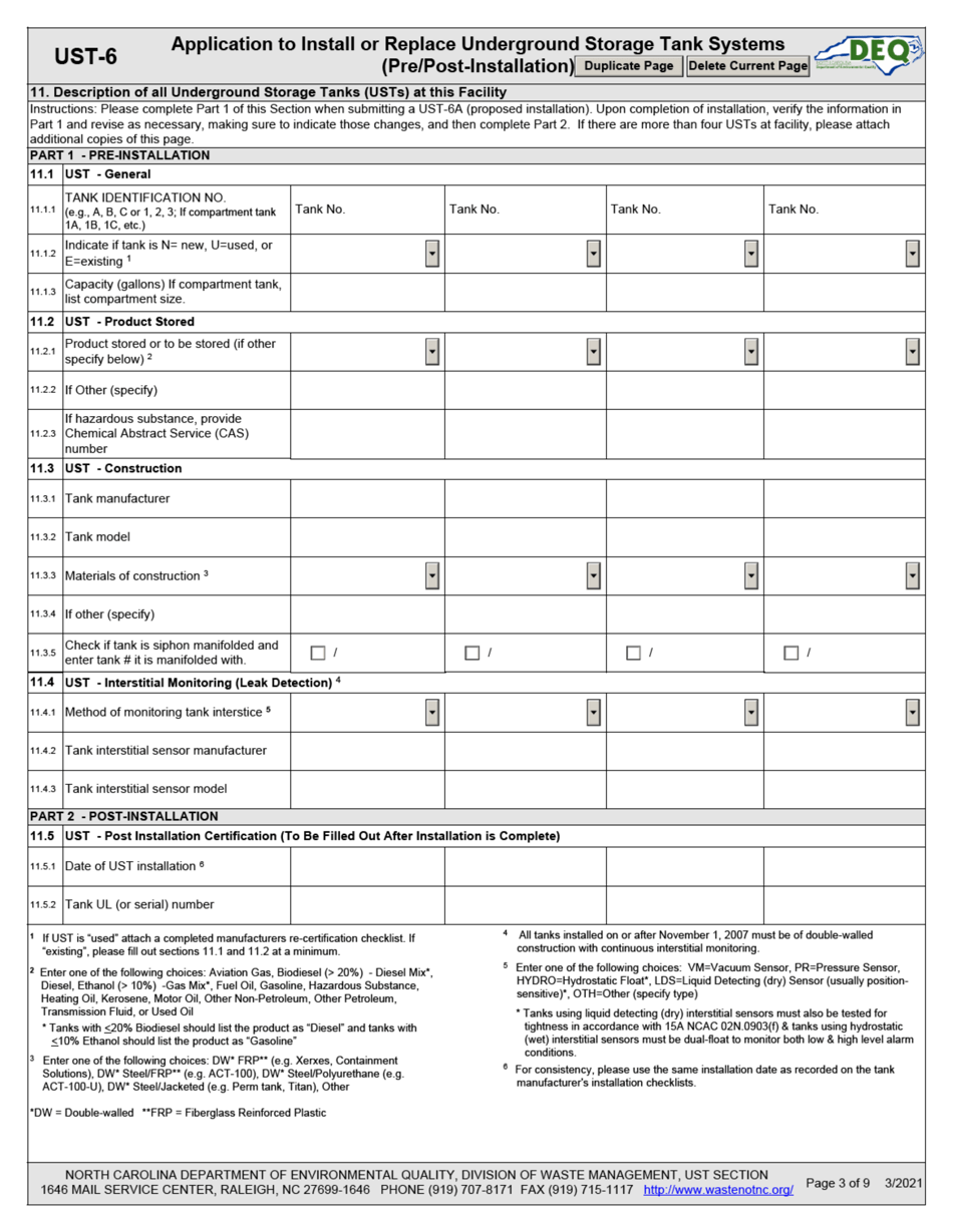 Form UST-6 Application to Install or Replace Underground Storage Tank Systems (Pre / Post-installation) - North Carolina, Page 3